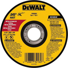 DeWALT - 4-1/2" 60 Grit Aluminum Oxide Cutoff Wheel - 0.045" Thick, 7/8" Arbor, 13,300 Max RPM, Use with Angle Grinders - Apex Tool & Supply