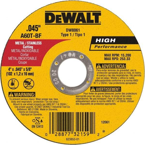 DeWALT - 4" 60 Grit Aluminum Oxide Cutoff Wheel - 0.045" Thick, 5/8" Arbor, 15,200 Max RPM, Use with Angle Grinders - Apex Tool & Supply