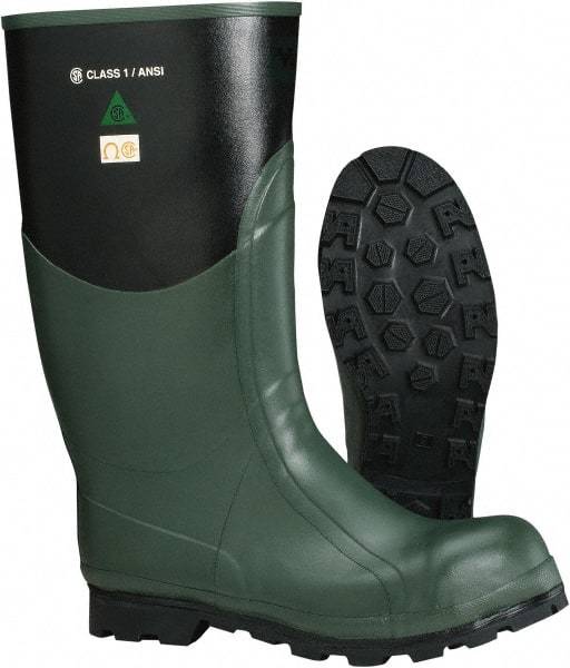 Viking - Men's Size 6 Medium Width Steel Knee Boot - Green, Black, Rubber Upper, Nitrile Rubber Outsole, 15" High, Non-Slip, Waterproof, Electric Shock Resistant - Apex Tool & Supply