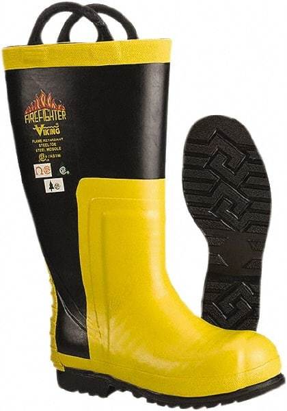 Viking - Men's Size 12 Medium Width Steel Work Boot - Black, Yellow, Rubber Upper, Nitrile Rubber Outsole, 14" High, Non-Slip, Chemical Resistant, Waterproof, Electric Shock Resistant - Apex Tool & Supply