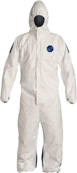 Dupont - Size M Film Laminate General Purpose Coveralls - White/Blue, Zipper Closure, Elastic Cuffs, Elastic Ankles, Serged Seams, Hazard Level D & C - Apex Tool & Supply
