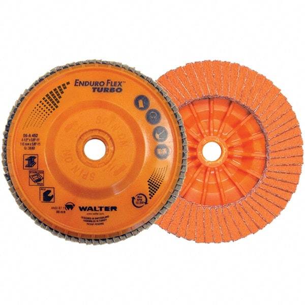 WALTER Surface Technologies - 36 & 60 Grit, 4-1/2" Disc Diam, 7/8" Center Hole, Type 27 Ceramic Flap Disc - 13,300 Max RPM, Plastic Backing, Arbor Attaching System, Coated - Apex Tool & Supply
