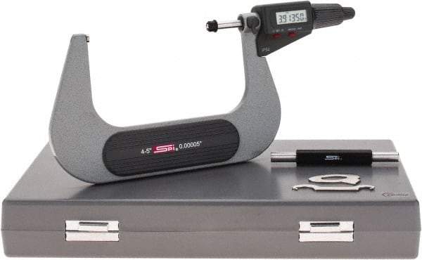 SPI - 4 to 5" Range, 0.00005" Resolution, Standard Throat IP54 Electronic Outside Micrometer - 0.00024" Accuracy, Friction Thimble, Carbide-Tipped Face, LR44 Battery, Includes NIST Traceable Certification of Inspection - Apex Tool & Supply