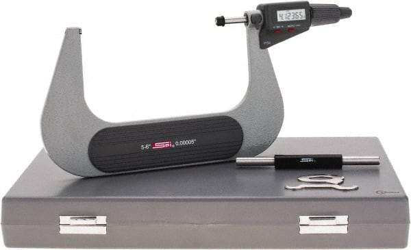 SPI - 5 to 6" Range, 0.00005" Resolution, Standard Throat IP54 Electronic Outside Micrometer - 0.00024" Accuracy, Friction Thimble, Carbide-Tipped Face, LR44 Battery, Includes NIST Traceable Certification of Inspection - Apex Tool & Supply