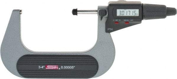 SPI - 3 to 4" Range, 0.00005" Resolution, Standard Throat IP54 Electronic Outside Micrometer - 0.0002" Accuracy, Friction Thimble, Carbide-Tipped Face, LR44 Battery, Includes NIST Traceable Certification of Inspection - Apex Tool & Supply