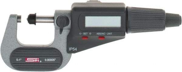 SPI - 0 to 1" Range, 0.00005" Resolution, Standard Throat IP54 Electronic Outside Micrometer - 0.00016" Accuracy, Friction Thimble, Carbide-Tipped Face, LR44 Battery, Includes NIST Traceable Certification of Inspection - Apex Tool & Supply
