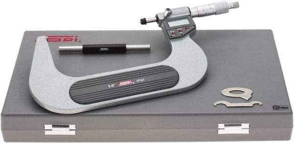 SPI - 5 to 6" Range, 0.00005" Resolution, Standard Throat IP65 Electronic Outside Micrometer - 0.0002" Accuracy, Ratchet Stop Thimble, Carbide-Tipped Face, LR44 Battery, Includes NIST Traceable Certification of Inspection - Apex Tool & Supply