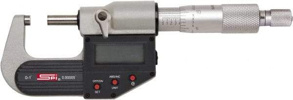 SPI - 6 to 7" Range, 0.00005" Resolution, Standard Throat IP65 Electronic Outside Micrometer - 0.0002" Accuracy, Ratchet Stop Thimble, Carbide-Tipped Face, LR44 Battery, Includes NIST Traceable Certification of Inspection - Apex Tool & Supply