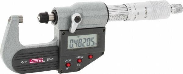 SPI - 0 to 1" Range, 0.00005" Resolution, Standard Throat IP65 Electronic Outside Micrometer - 0.0001" Accuracy, Ratchet Stop Thimble, Carbide-Tipped Face, LR44 Battery, Includes NIST Traceable Certification of Inspection - Apex Tool & Supply