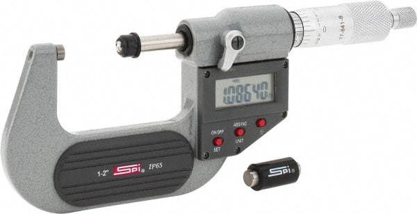 SPI - 1 to 2" Range, 0.00005" Resolution, Standard Throat IP65 Electronic Outside Micrometer - 0.0001" Accuracy, Ratchet Stop Thimble, Carbide-Tipped Face, LR44 Battery, Includes NIST Traceable Certification of Inspection - Apex Tool & Supply