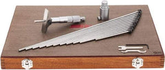 SPI - 0 to 300mm Range, 12 Rod, Mechanical Depth Micrometer - Ratchet Stop Thimble, 63mm Base Length, 0.01mm Graduation, 4.5mm Rod Diam - Apex Tool & Supply