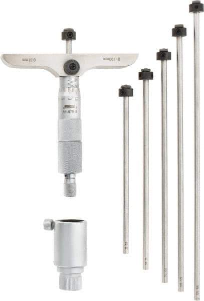 SPI - 0 to 150mm Range, 6 Rod, Mechanical Depth Micrometer - Ratchet Stop Thimble, 100mm Base Length, 0.01mm Graduation, 4.5mm Rod Diam - Apex Tool & Supply