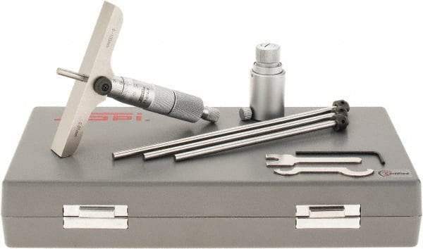 SPI - 0 to 100mm Range, 4 Rod, Mechanical Depth Micrometer - Ratchet Stop Thimble, 100mm Base Length, 0.01mm Graduation, 4.5mm Rod Diam - Apex Tool & Supply