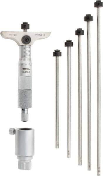 SPI - 0 to 150mm Range, 6 Rod, Mechanical Depth Micrometer - Ratchet Stop Thimble, 63mm Base Length, 0.01mm Graduation, 4.5mm Rod Diam - Apex Tool & Supply