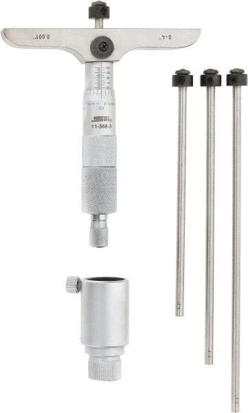 SPI - 0 to 4" Range, 4 Rod, Mechanical Depth Micrometer - Ratchet Stop Thimble, 4" Base Length, 0.001" Graduation, 4.5mm Rod Diam - Apex Tool & Supply