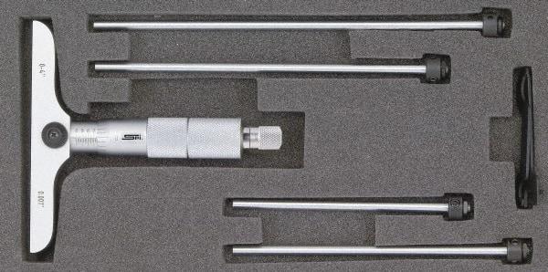 SPI - 0 to 12" Range, 12 Rod, Mechanical Depth Micrometer - Ratchet Stop Thimble, 2-1/2" Base Length, 0.001" Graduation, 4.5mm Rod Diam - Apex Tool & Supply