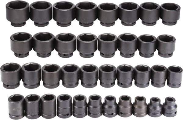 Proto - 37 Piece 1" Drive Black Finish Impact Socket Set - 6 Points, 3/4" to 3" Range, Inch Measurement Standard - Apex Tool & Supply