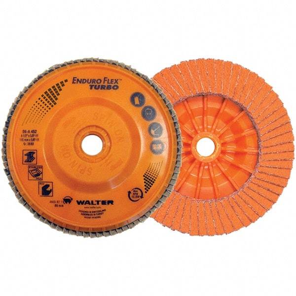 WALTER Surface Technologies - 36 & 60 Grit, 5" Disc Diam, 7/8" Center Hole, Type 27 Ceramic Flap Disc - 12,200 Max RPM, Plastic Backing, Arbor Attaching System, Coated - Apex Tool & Supply
