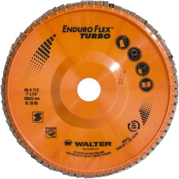 WALTER Surface Technologies - 36 & 60 Grit, 7" Disc Diam, 7/8" Center Hole, Type 27 Ceramic Flap Disc - 8,600 Max RPM, Plastic Backing, Arbor Attaching System, Coated - Apex Tool & Supply