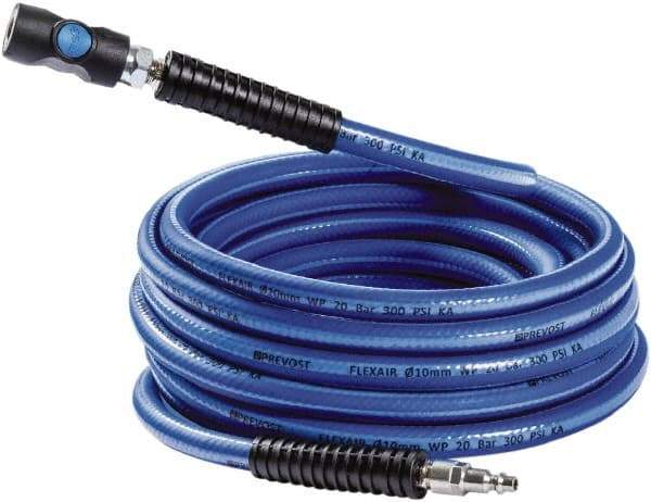 Prevost - 3/8" ID 50' Long Multipurpose Air Hose - Industrial Interchange Safety Coupler x Male Plug Ends, 300 Working psi, 5 to 140°F, 1/4" Fitting, Blue - Apex Tool & Supply