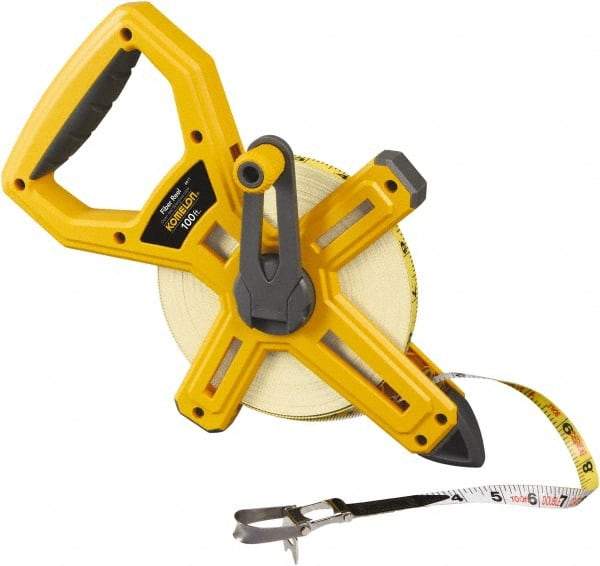 Komelon - 100' x 1/2" Yellow Fiberglass Blade Tape Measure - 1/8" Graduation, Yellow ABS Plastic Case - Apex Tool & Supply