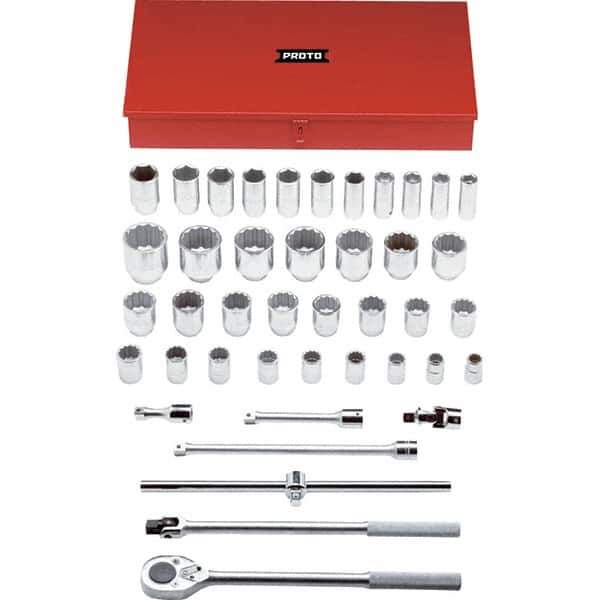 Proto - 42 Piece 3/4" Drive Chrome Finish Deep Well Socket Set - 6, 12 Points, 7/8" to 2-3/8" Range, Inch Measurement Standard - Apex Tool & Supply