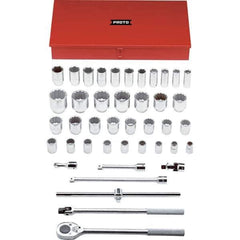Proto - 42 Piece 3/4" Drive Chrome Finish Deep Well Socket Set - 6, 12 Points, 7/8" to 2-3/8" Range, Inch Measurement Standard - Apex Tool & Supply