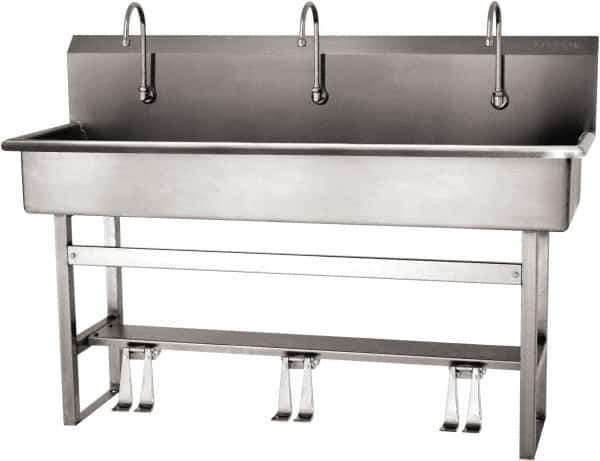 SANI-LAV - 57" Long x 16-1/2" Wide Inside, 1 Compartment, Grade 304 Stainless Steel (4) Person Wash-Station with Double Foot Valves - 16 Gauge, 60" Long x 20" Wide x 45" High Outside, 8" Deep - Apex Tool & Supply