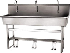 SANI-LAV - 57" Long x 16-1/2" Wide Inside, 1 Compartment, Grade 304 Stainless Steel (4) Person Wash-Station with Double Foot Valves - 16 Gauge, 60" Long x 20" Wide x 45" High Outside, 8" Deep - Apex Tool & Supply