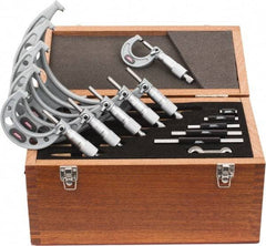SPI - 0 to 150mm Range, 6 Piece Mechanical Outside Micrometer Set - 0.01mm Graduation, 0.004, 0.005, 0.006mm Accuracy, Ratchet Stop Thimble - Apex Tool & Supply