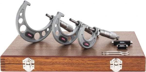 SPI - 0 to 75mm Range, 3 Piece Mechanical Outside Micrometer Set - 0.01mm Graduation, 0.004, 0.005mm Accuracy, Ratchet Stop Thimble - Apex Tool & Supply