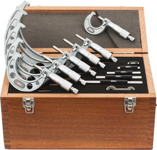 SPI - 0 to 6" Range, 6 Piece Mechanical Outside Micrometer Set - 0.0001" Graduation, 0.0001, 0.0002" Accuracy, Ratchet Stop Thimble - Apex Tool & Supply