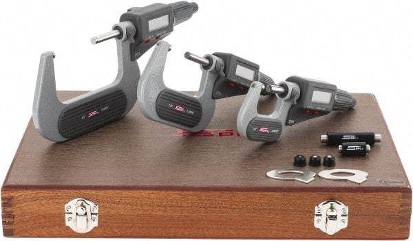 SPI - 0 to 3" Range, 0.001mm Resolution, IP54, 3 Piece Electronic Outside Micrometer Sets - 0.002, 0.003mm Accuracy, Friction Thimble, Carbide Tipped Measuring Face - Apex Tool & Supply