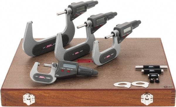 SPI - 0 to 4" Range, 0.001mm Resolution, IP54, 4 Piece Electronic Outside Micrometer Sets - 0.002, 0.003mm Accuracy, Friction Thimble, Carbide Tipped Measuring Face - Apex Tool & Supply