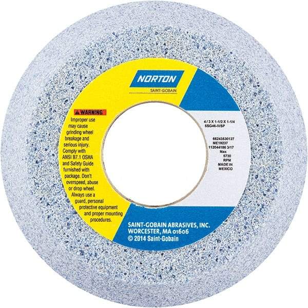 Norton - 4" Diam x 1-1/4" Hole x 1-1/2" Thick, I Hardness, 46 Grit Surface Grinding Wheel - Ceramic, Type 11, Coarse Grade, 5,730 Max RPM - Apex Tool & Supply