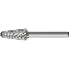 PFERD - 1/2" Cut Diam, 1/4" Shank Diam, Taper Head Double Cut Burr - Carbide, Radius End, 1-1/8" LOC, 3.16" OAL - Apex Tool & Supply