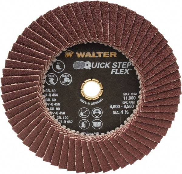 WALTER Surface Technologies - 80 Grit, 4-1/2" Disc Diam, Type 29 Aluminum Oxide Flap Disc - 11,000 Max RPM, Fiber Backing, Arbor Attaching System, Coated - Apex Tool & Supply