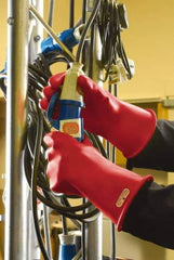 Ansell - Class 00, Size 8, 11" Long, Rubber Lineman's Glove - 2,500 AC Max Use Voltage, 500 AC Test Voltage, Red, ASTM D120 - Apex Tool & Supply