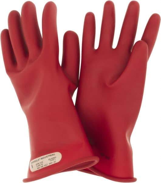 Ansell - Class 00, Size 9, 11" Long, Rubber Lineman's Glove - 2,500 AC Max Use Voltage, 500 AC Test Voltage, Red, ASTM D120 - Apex Tool & Supply