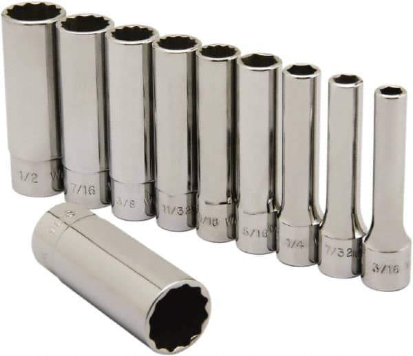 Ability One - 1/4" Drive Deep Well Socket Set - 6, 12 Points, 3/16" to 9/16" Range, Inch Measurement Standard - Apex Tool & Supply