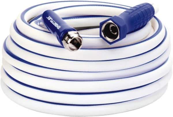 Legacy - 50' Long Marine/RV Hose - 1/2" Diam, 3/4" GHT, Hi-Tec Polymer, 150 psi, All Season, White with Blue Stripe - Apex Tool & Supply