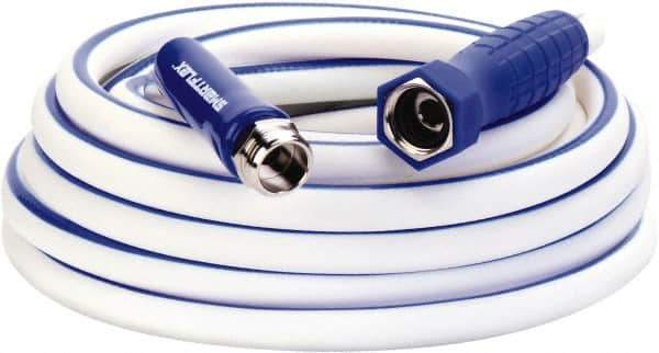 Legacy - 25' Long Marine/RV Hose - 1/2" Diam, 3/4" GHT, Hi-Tec Polymer, 150 psi, All Season, White with Blue Stripe - Apex Tool & Supply
