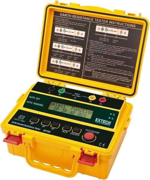 Extech - 0.002 to 2 k Ohm, LCD Display Earth Ground Resistance Tester - AA Battery, 2 mA Current, 820 Hz - Apex Tool & Supply