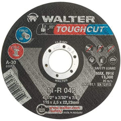WALTER Surface Technologies - 4-1/2" 30 Grit Aluminum Oxide Cutoff Wheel - 3/32" Thick, 7/8" Arbor, 13,300 Max RPM, Use with Angle Grinders - Apex Tool & Supply