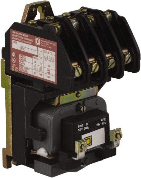 Square D - No Enclosure, 4 Pole, Electrically Held Lighting Contactor - 20 A (Tungsten), 30 A (Fluorescent), 208 VAC at 60 Hz, 4NO Contact Configuration - Apex Tool & Supply