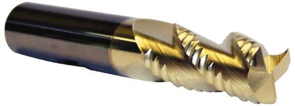 Accupro - 1/2" Diam, Coarse Pitch, 1-1/4" LOC, 3 Flute Solid Carbide 0.06" Corner Radius Roughing End Mill - ZrN Finish, 3" OAL, 1/2" Shank Diam, Single End, Centercutting, 30° Helix - Apex Tool & Supply