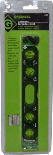 Greenlee - Magnetic 8-1/2" Long 4 Vial Torpedo Level - Aluminum, Green, 1 0°, 1 30°, 1 45° & 1 90° Vials - Apex Tool & Supply