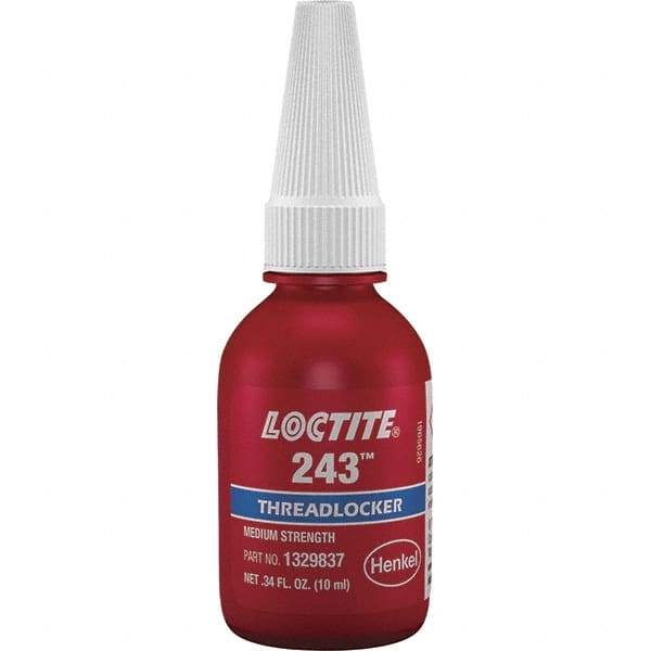 Loctite - 10 mL Bottle, Blue, Medium Strength Liquid Threadlocker - Series 243, 24 hr Full Cure Time, Hand Tool, Heat Removal - Apex Tool & Supply