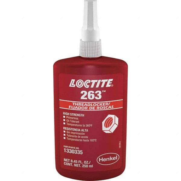 Loctite - 250 mL Bottle, Red, High Strength Liquid Threadlocker - Series 263, 24 hr Full Cure Time, Hand Tool, Heat Removal - Apex Tool & Supply