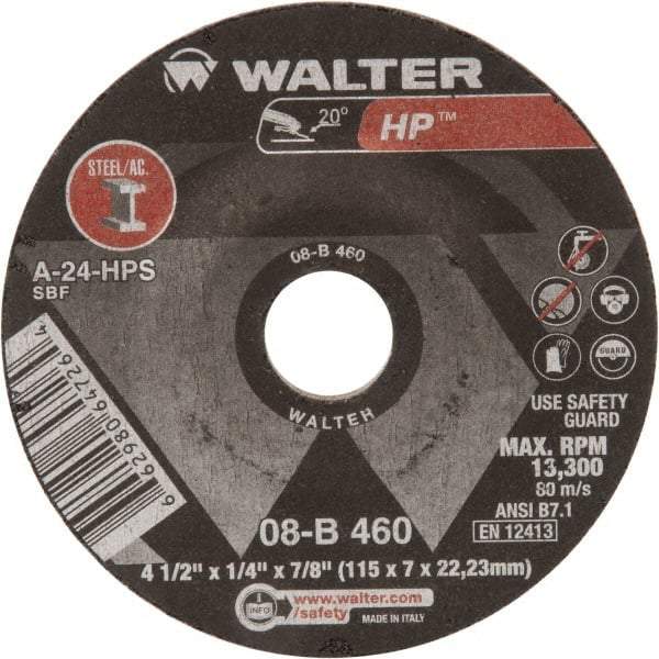WALTER Surface Technologies - 24 Grit, 4-1/2" Wheel Diam, 1/4" Wheel Thickness, 7/8" Arbor Hole, Type 27 Depressed Center Wheel - Aluminum Oxide, 13,300 Max RPM - Apex Tool & Supply